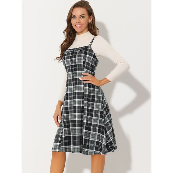 Plaid Vintage Sleeveless Tie Waist A-Line Overall Pinafore Dresses Black - Picture 2 of 5
